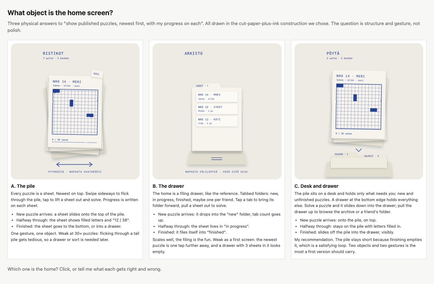 A sketch page titled What object is the home screen, with three drawn options side by side: a pile of cream puzzle sheets on a desk, a filing drawer with tabbed folders, and a desk with a pile and a drawer beneath it, each with a short note on what it gets right and wrong